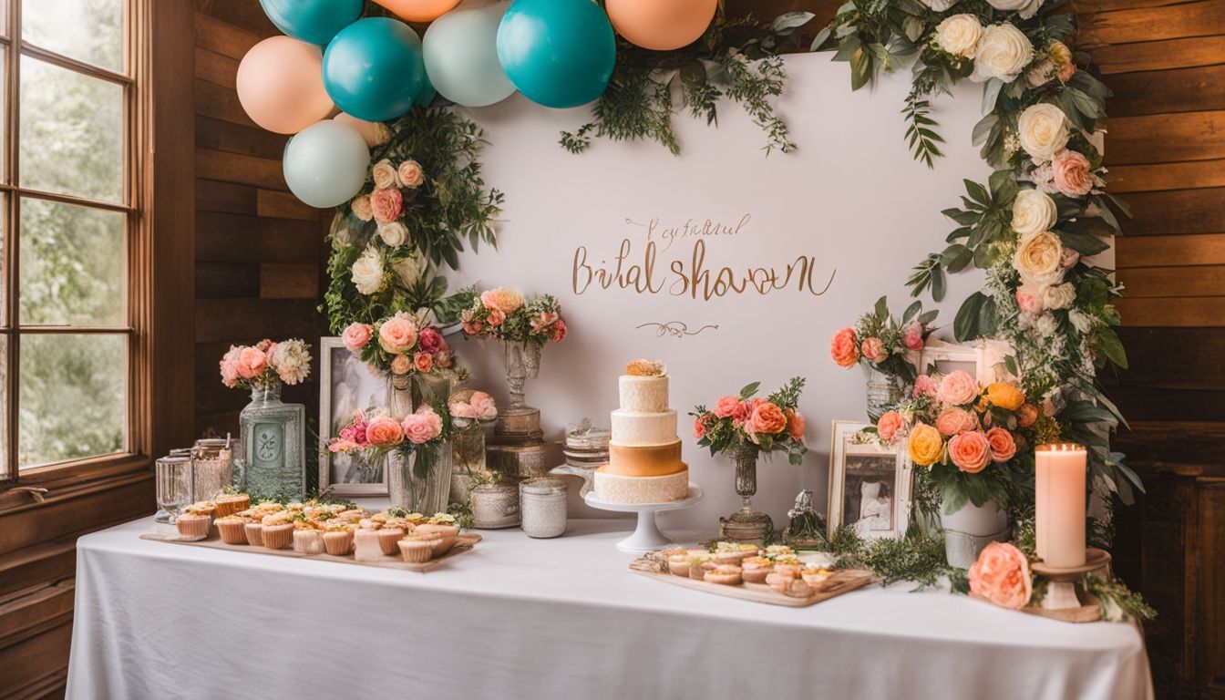 a table decorated with balloons , flowers and cupcakes for a baby shower .