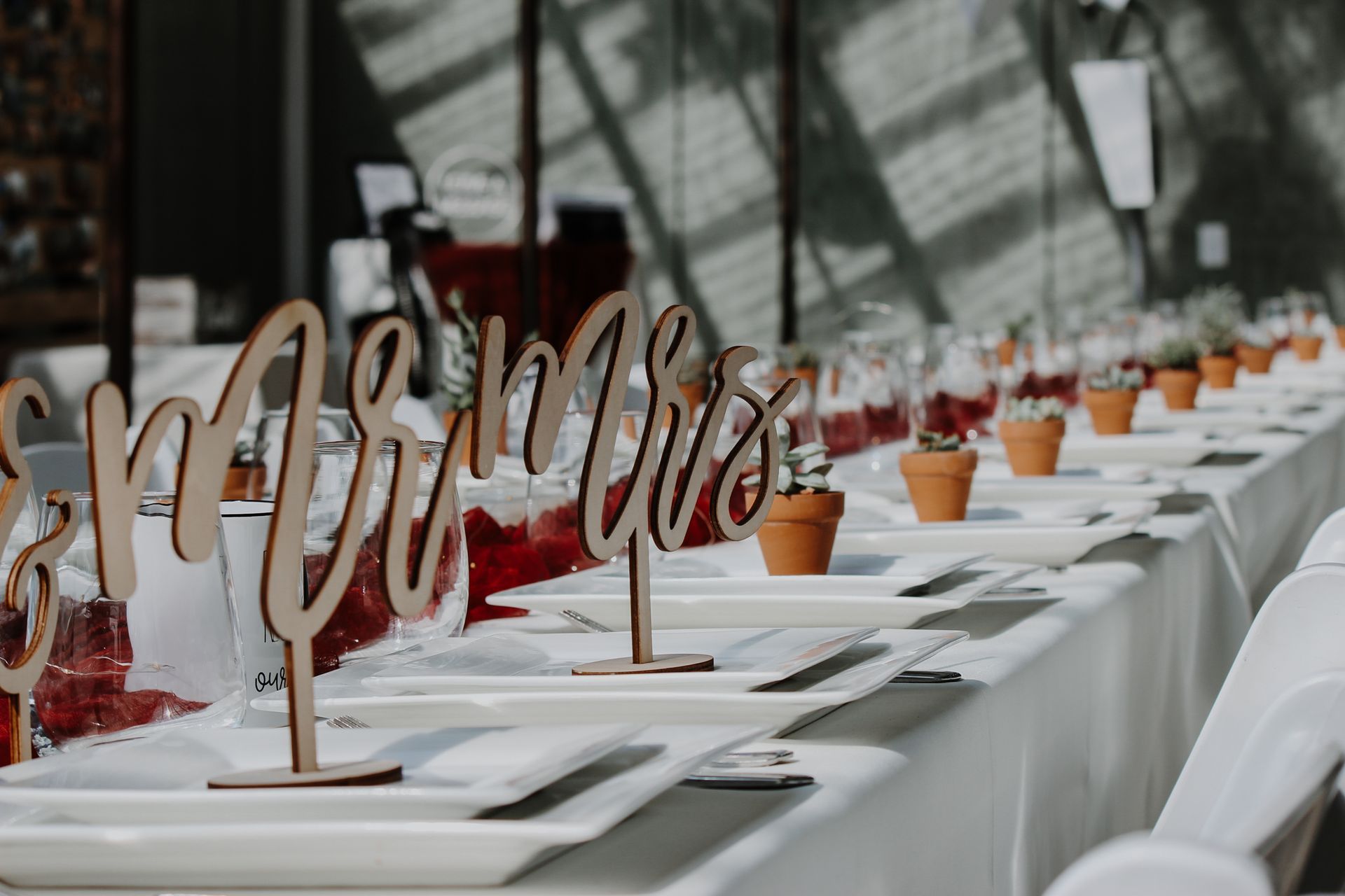 A long table with plates , glasses , and potted plants on it.