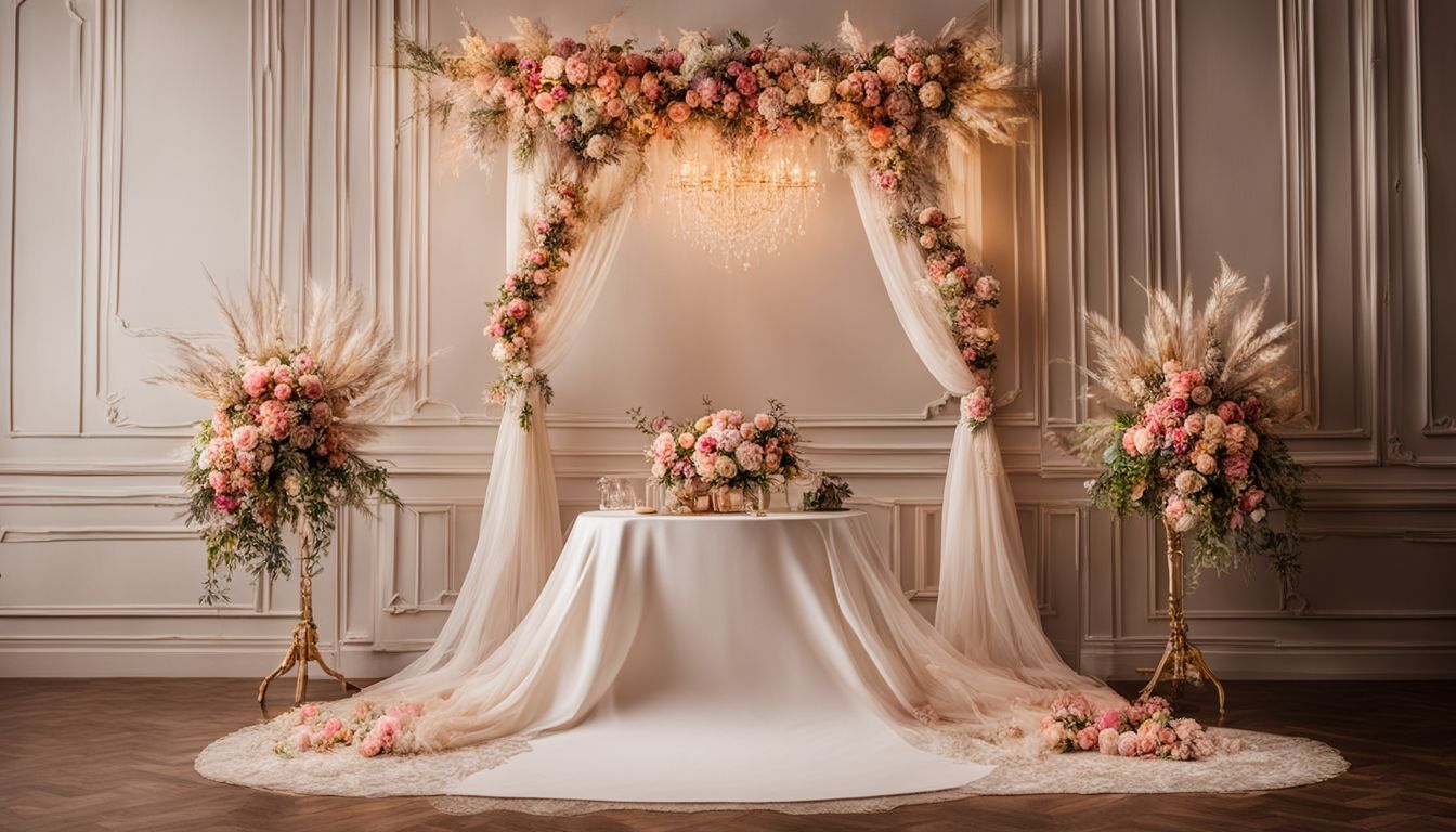 there is a table with flowers on it in a room .
