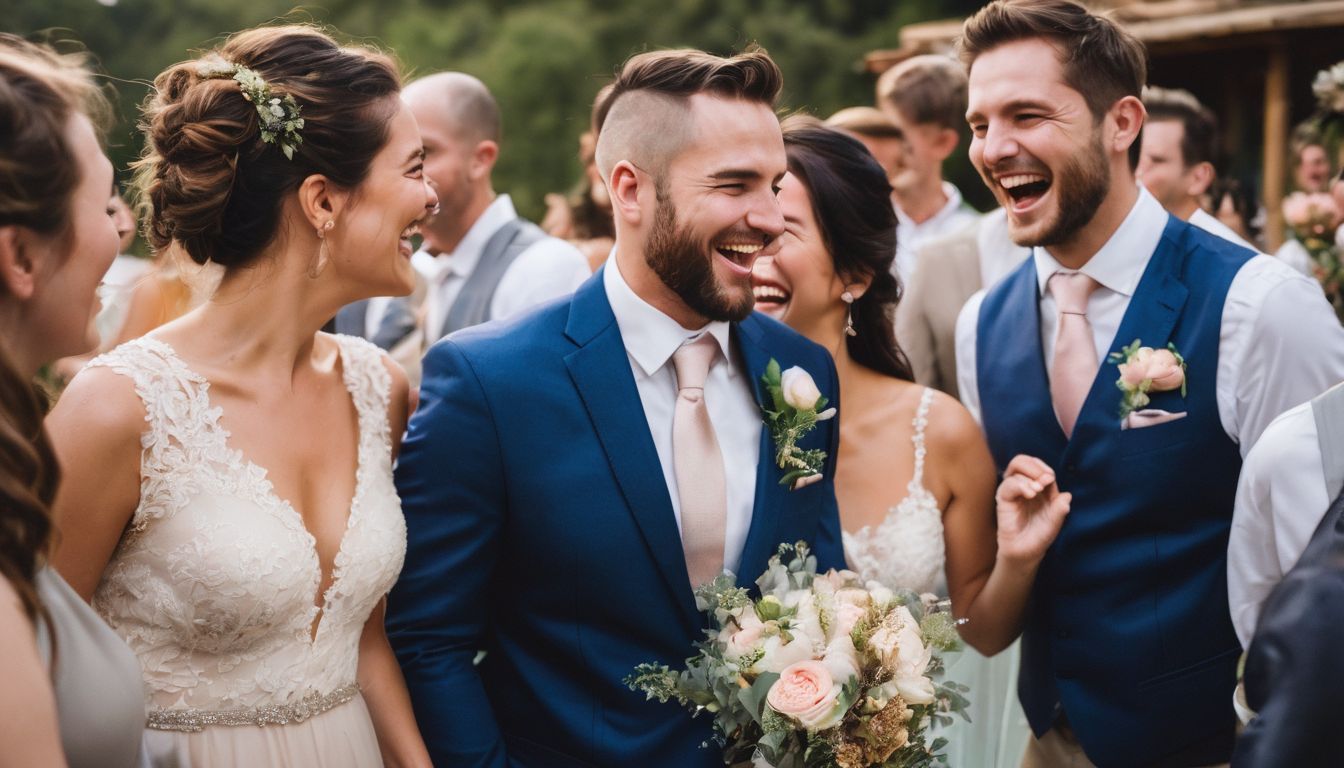 a bride and groom are standing in front of their wedding party .