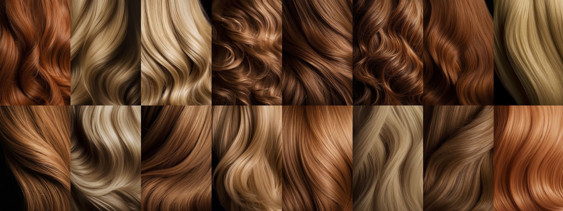 A collage of different shades of hair on a black background. A collage of different shades of hair on a black background.