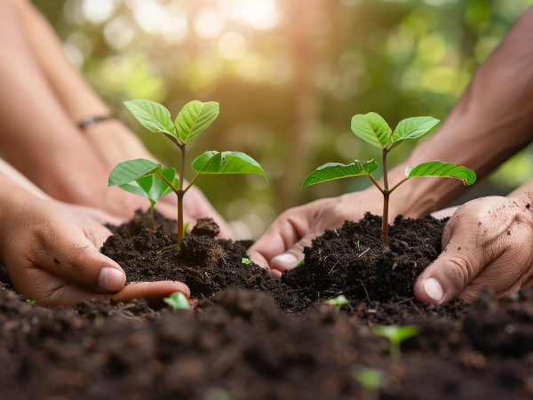 Hands planting small green seedlings in dark soil outdoors