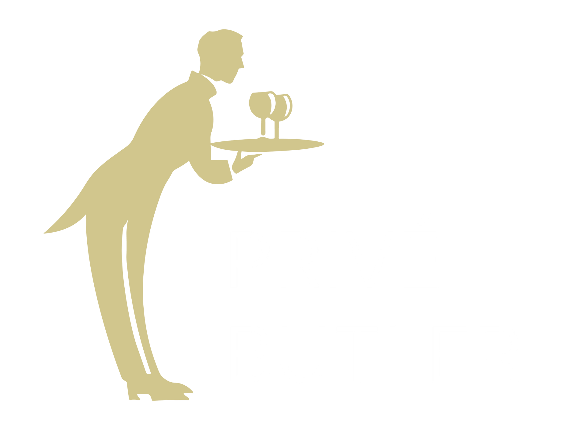 Een silhouet van een ober die een dienblad met twee wijnglazen vasthoudt.