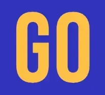 Het woord go is geel op een blauwe achtergrond.