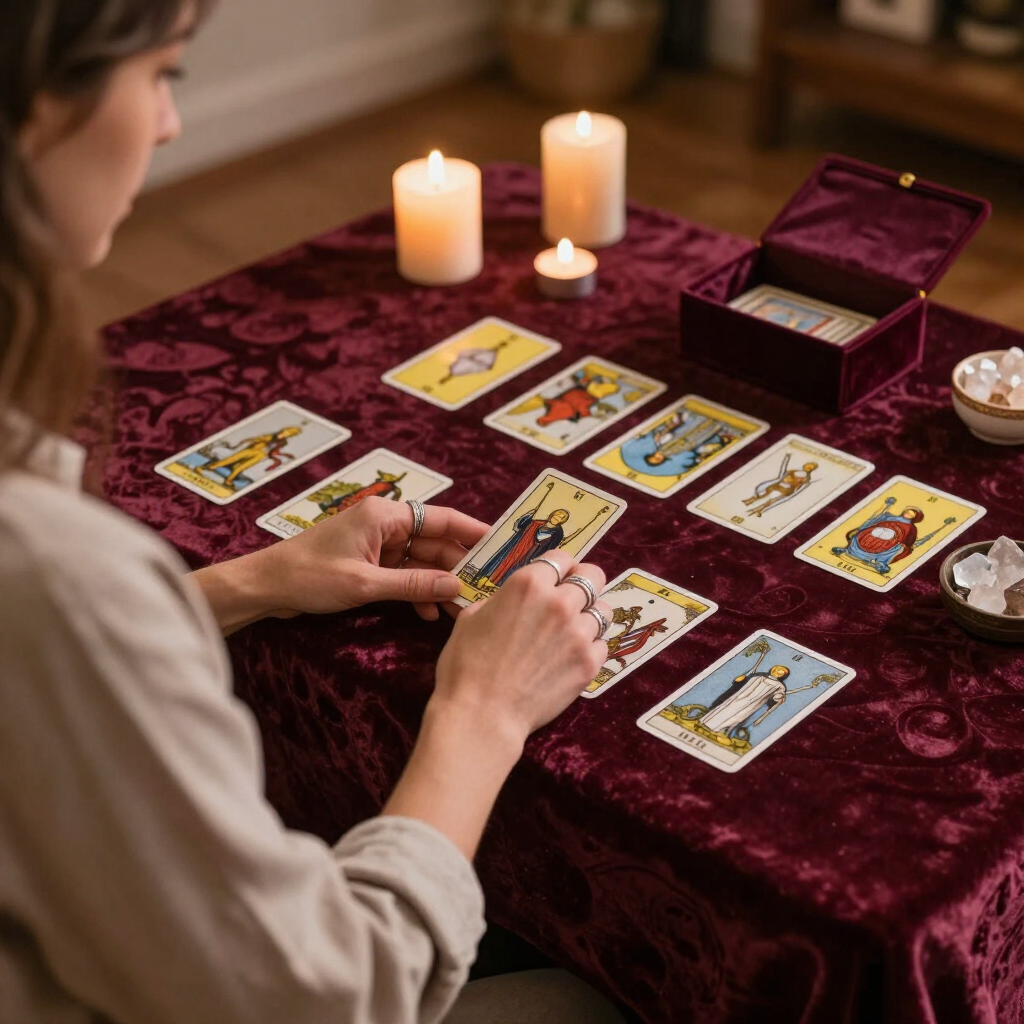 Person arranging tarot cards on a burgundy tablecloth beside lit candles and an open card box.