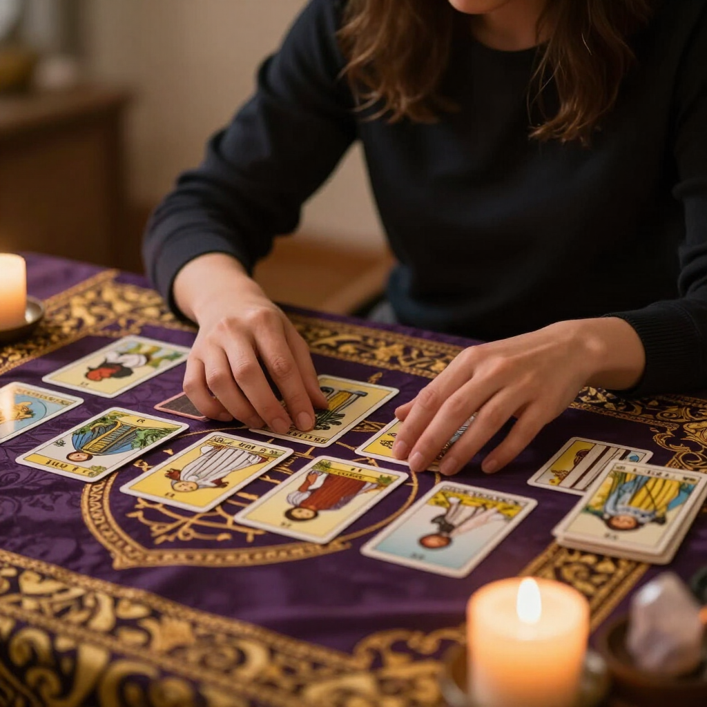 Person arranging tarot cards on a purple cloth beside lit candles