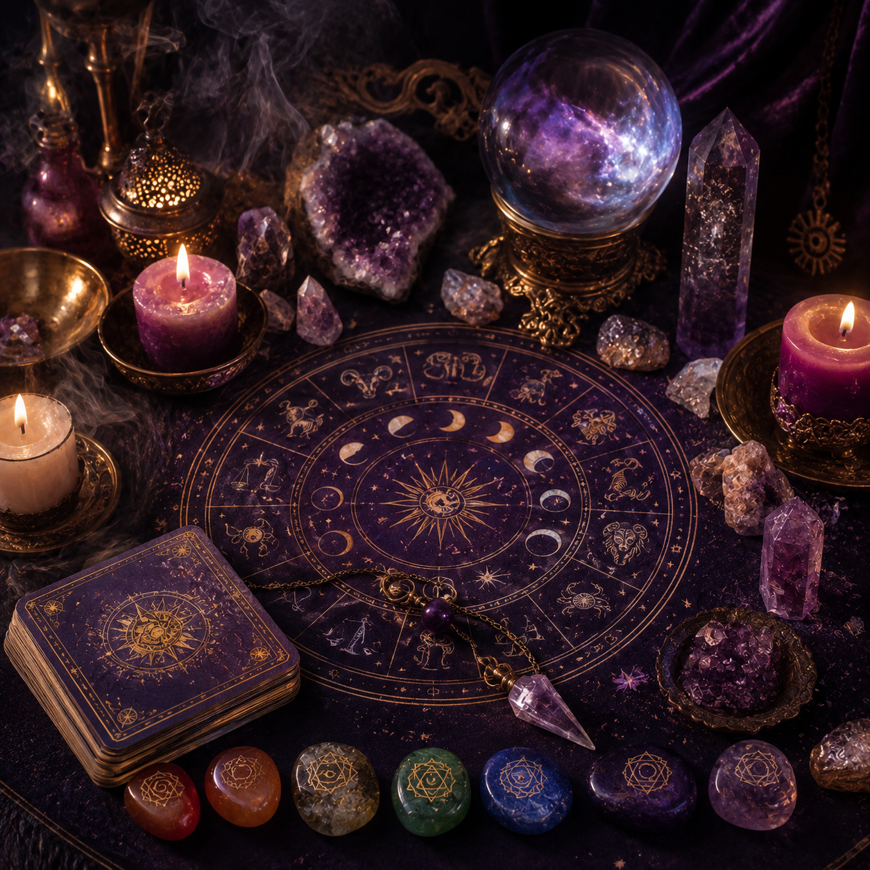 Gloved hands holding a smoldering feather over a wooden table with crystals and smoke.
