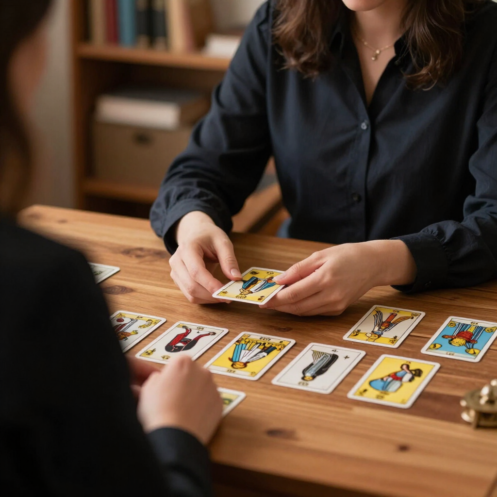 Two people play a card game at a wooden table, with colorful cards laid out in a cozy room.