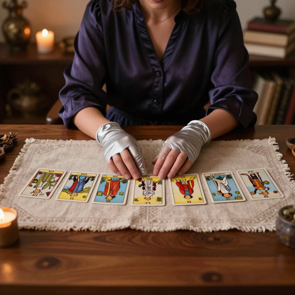 Person lays tarot cards on a lace cloth at a candlelit wooden table.