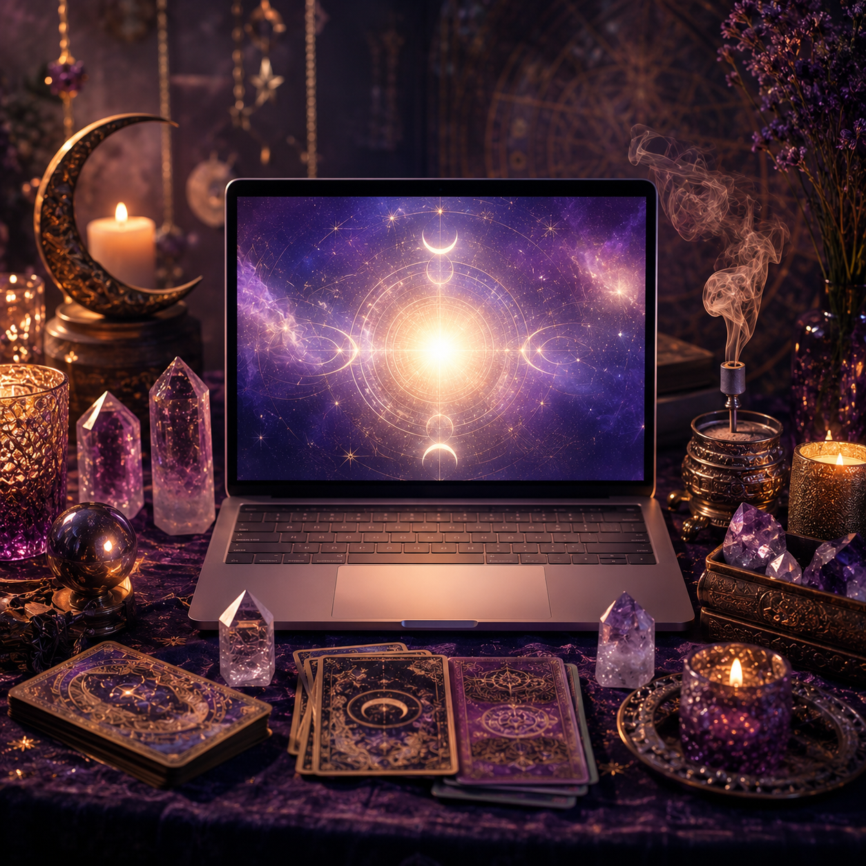 Person holding smoking incense sticks in a cozy room with candles and a wooden table