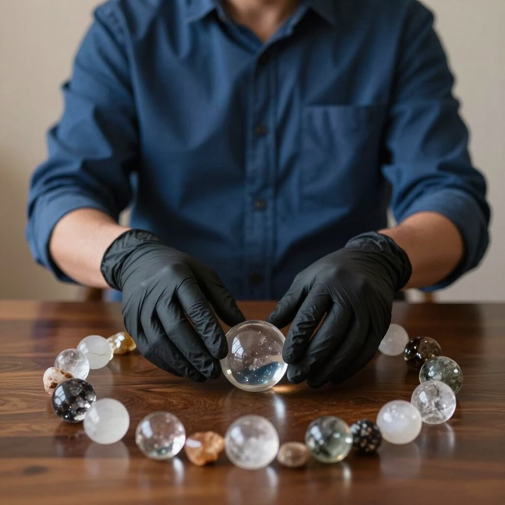 Gloved hands arranging crystal spheres on a wooden table
