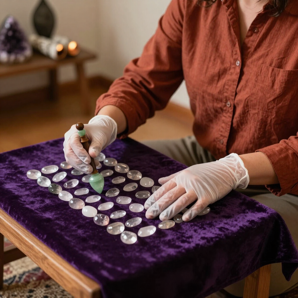 Person arranging clear stones on a purple velvet cloth with a wand, in a tabletop setting.