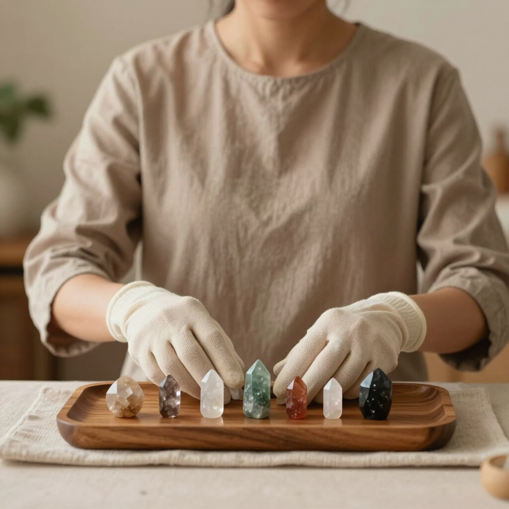 Hands arranging crystal gemstones on a wooden tray