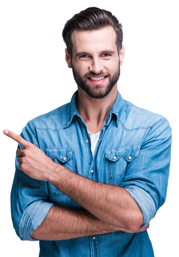 A man in a denim shirt is pointing to the side.