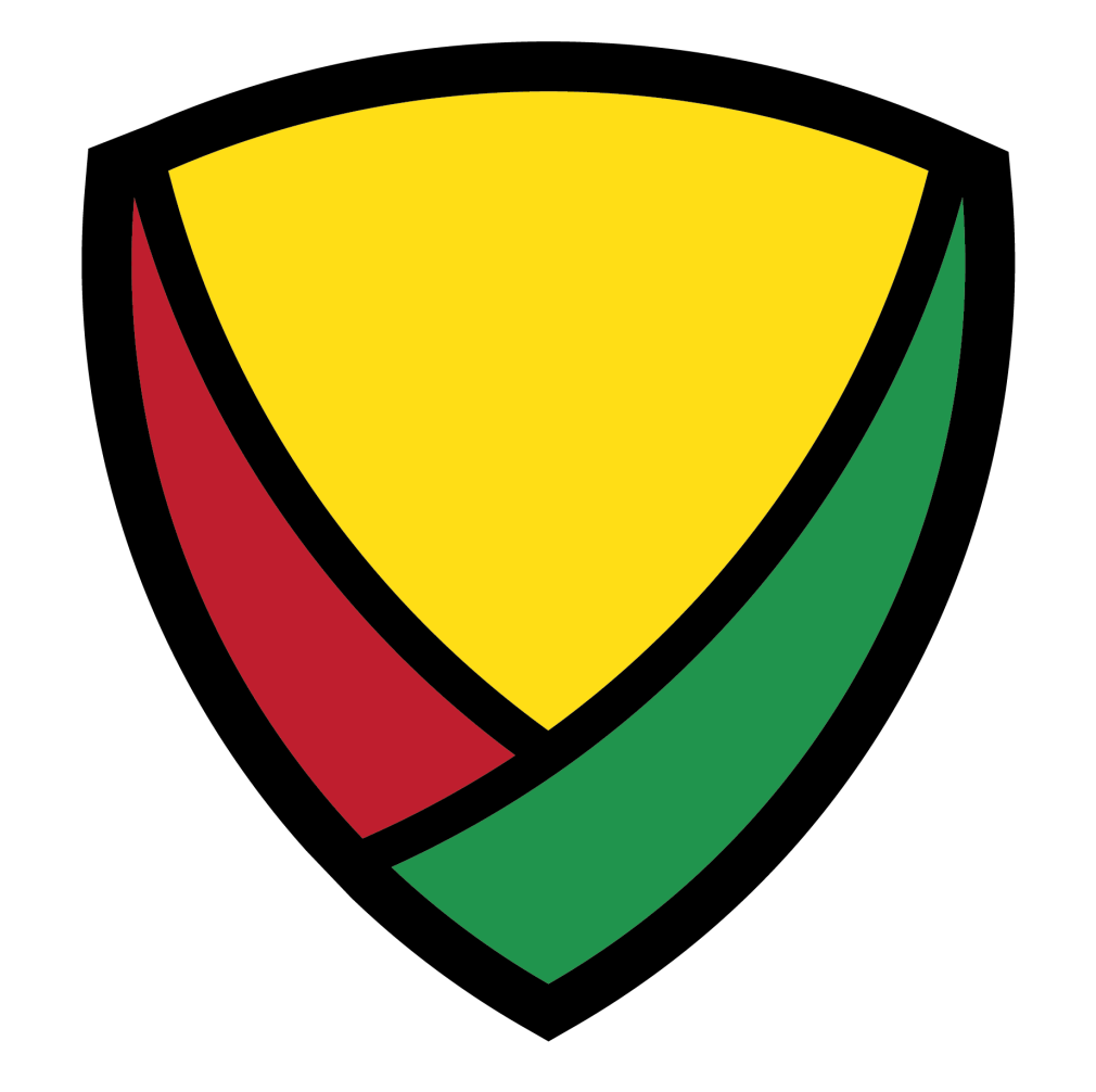 A yellow , red , and green shield with a black outline on a white background.