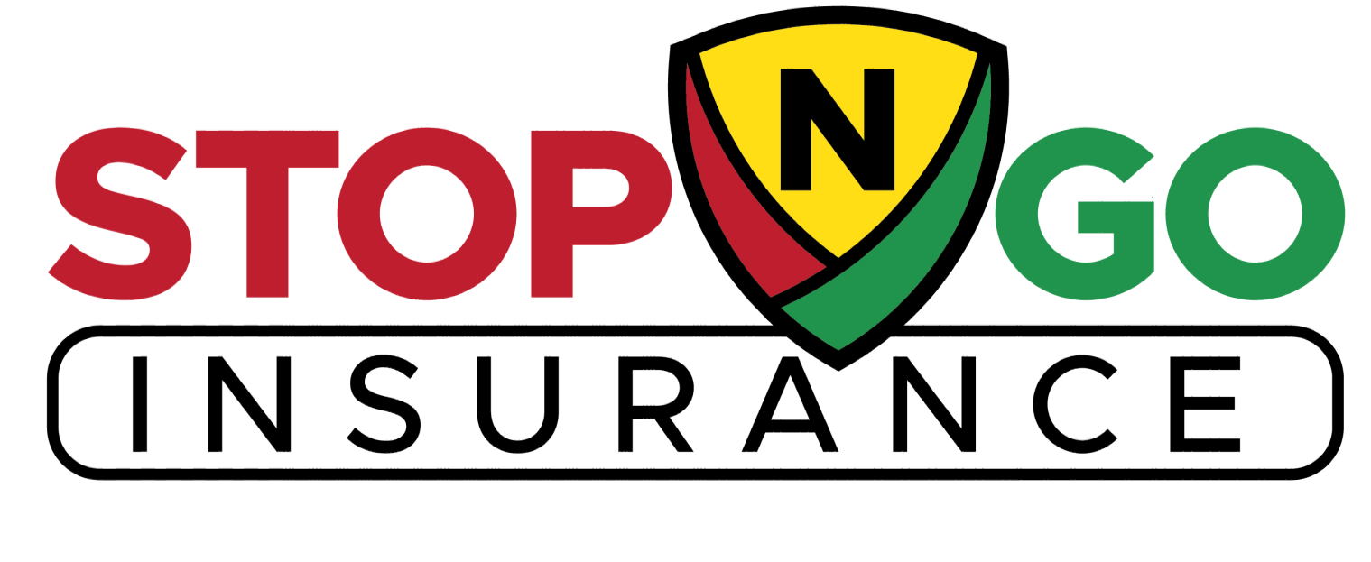The logo for stop n go insurance has a shield on it.