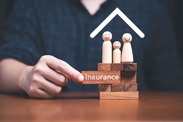 A person is holding a wooden block with the word insurance on it.