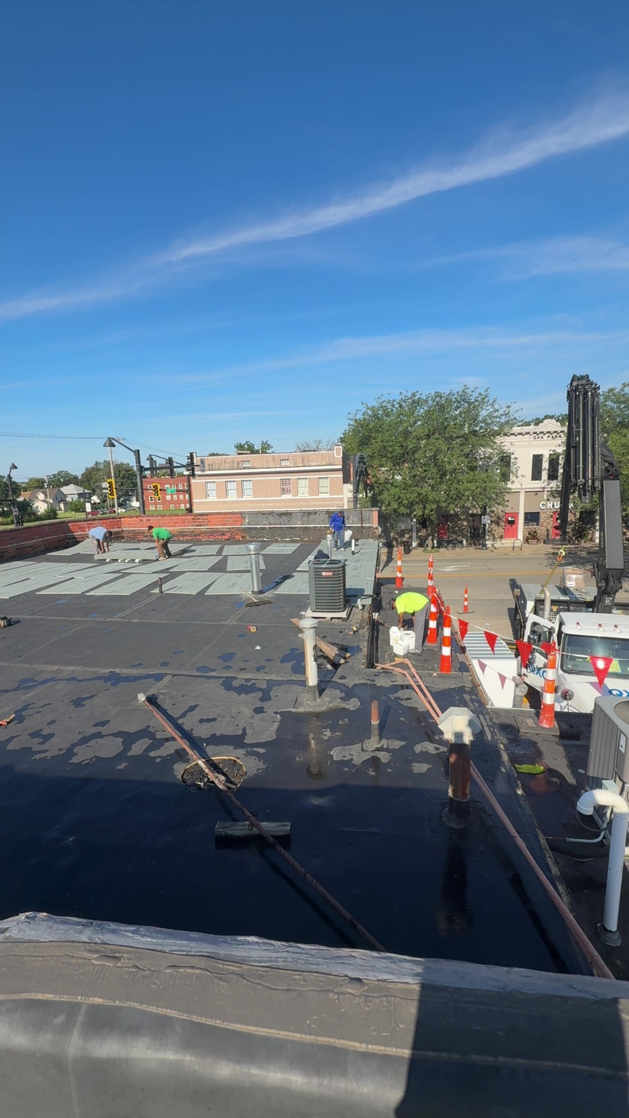 Aerial view of a roofing project