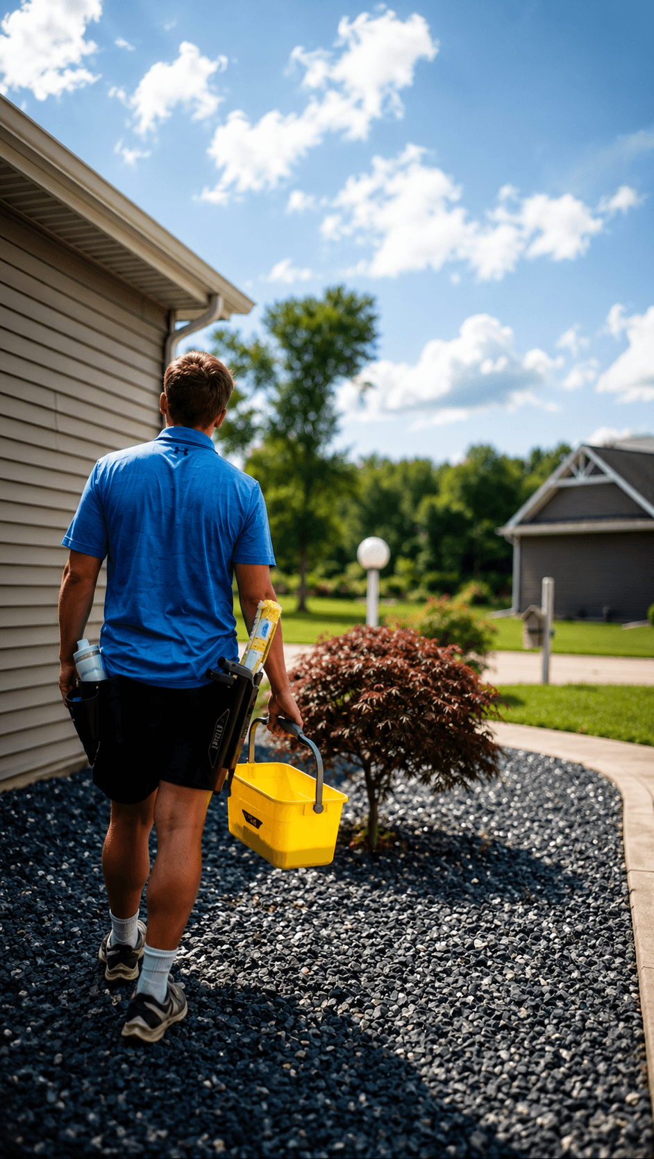 Person walking beside a house, carrying a yellow bin on a gravel path under a blue sky.