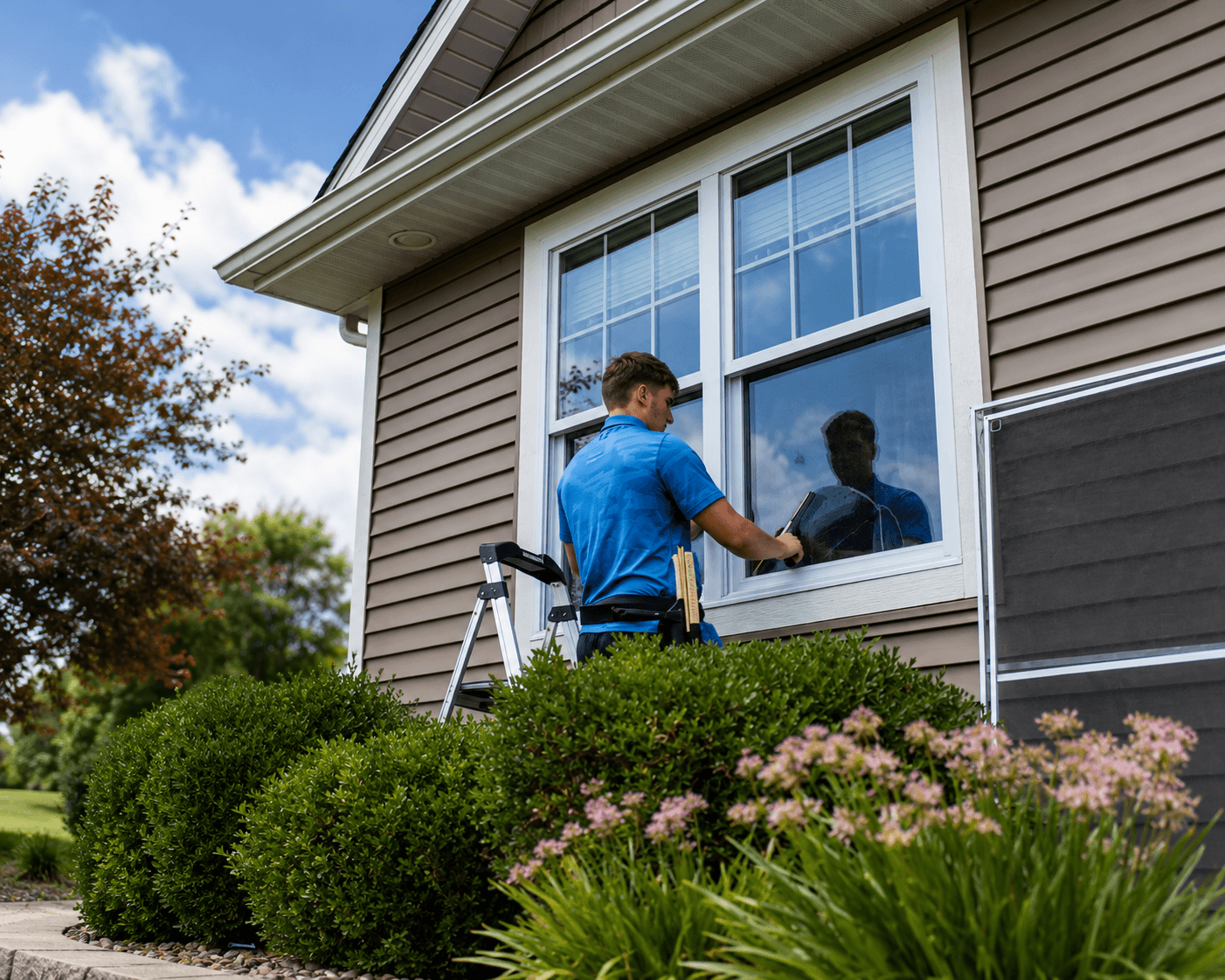 Man cleaning a house window from outside beside trimmed shrubs and pink flowers