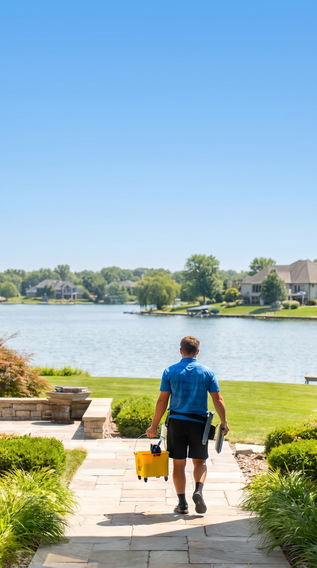 Person walking on a stone path toward a lake, carrying a yellow bucket, with green shrubs and blue sky.