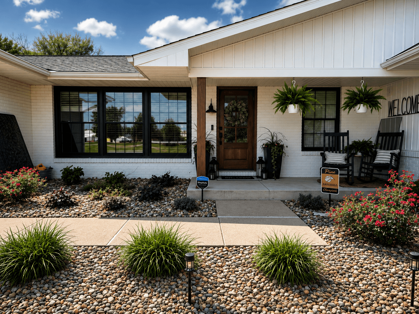 Front porch of a house with windows, a wooden front door, potted plants, and desert landscaping.