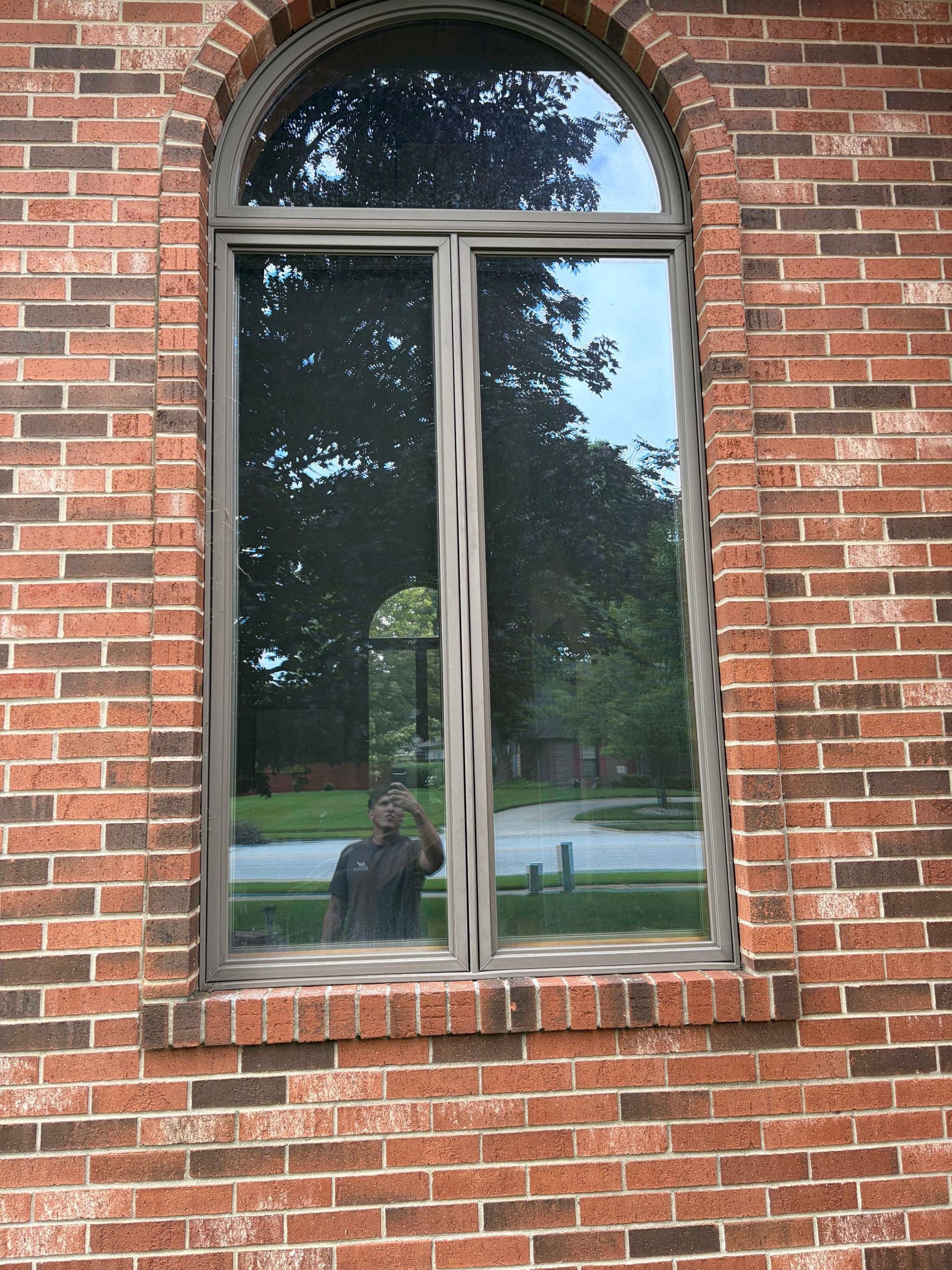 Brick building window with reflective glass and an arched top, showing trees and street outside.