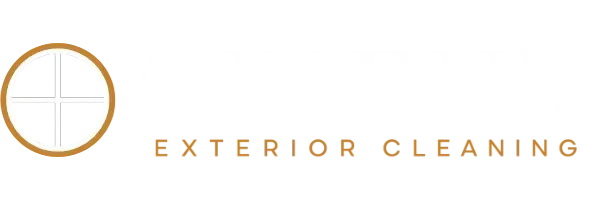 Gold circular logo with white window icon and text “EXTERIOR CLEANING” on a light background