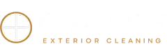 Gold circular logo with white window icon and text &ldquo;EXTERIOR CLEANING&rdquo; on a light background