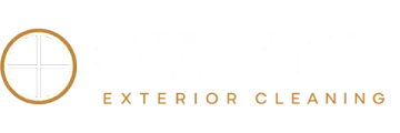 Gold circular logo with white window icon and text &ldquo;EXTERIOR CLEANING&rdquo; on a light background
