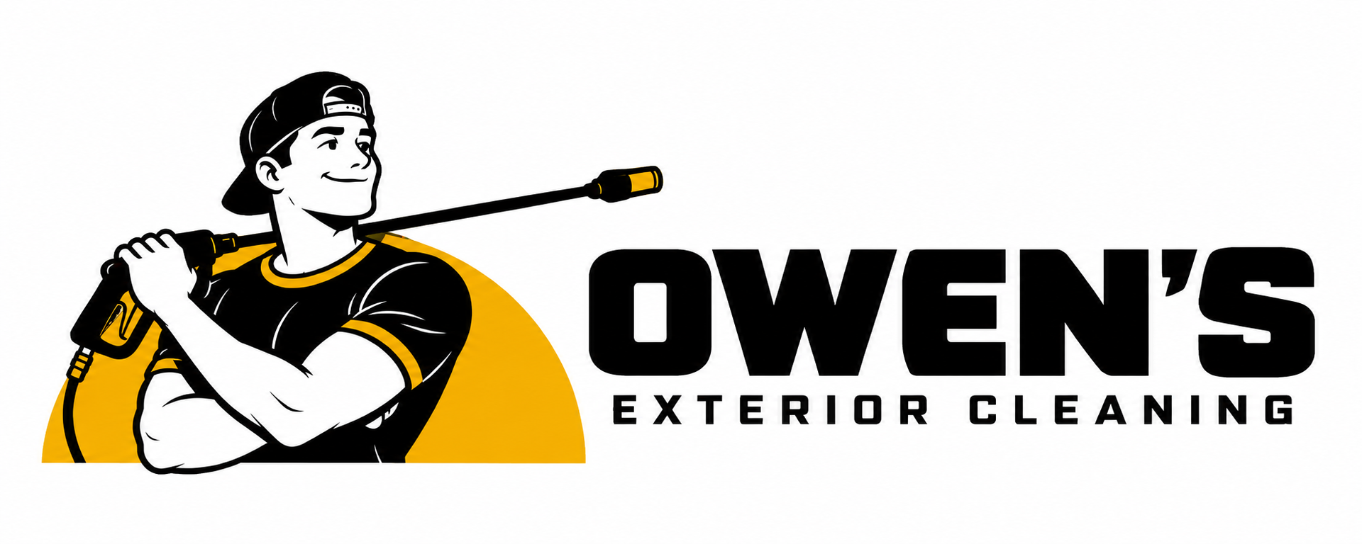 Gold circular logo with white window icon and text “EXTERIOR CLEANING” on a light background