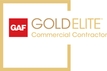 GAF Gold Elite Commercial Contractor logo with a red square, gold text, and gold border.