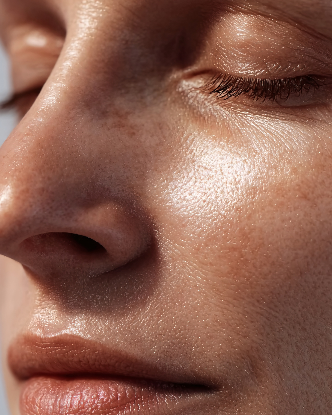 A close-up of a face with dewy, luminous skin, visible pores, and subtle freckles, captured in soft, natural lighting — Skin Haven Aesthetics Whitsundays in Airlie Beach, QLD