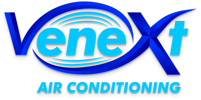 A blue and white logo for venex air conditioning