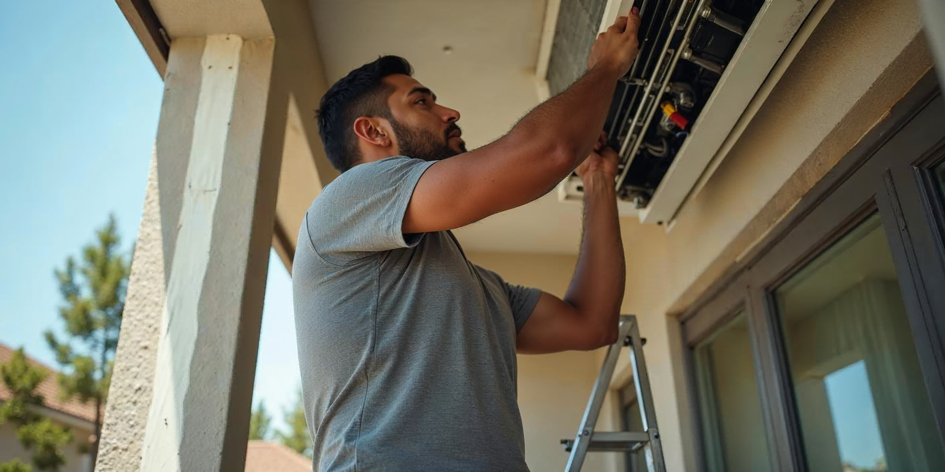 A man is standing on a ladder fixing an air conditioner on the side of a building.
