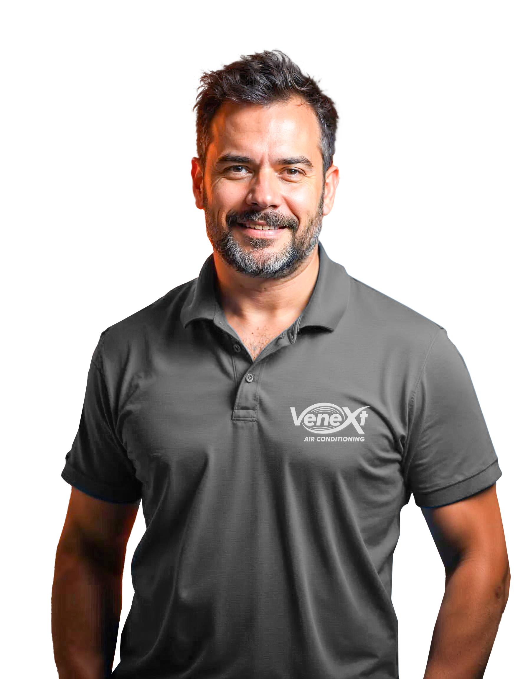 A man with a beard wearing a grey polo shirt