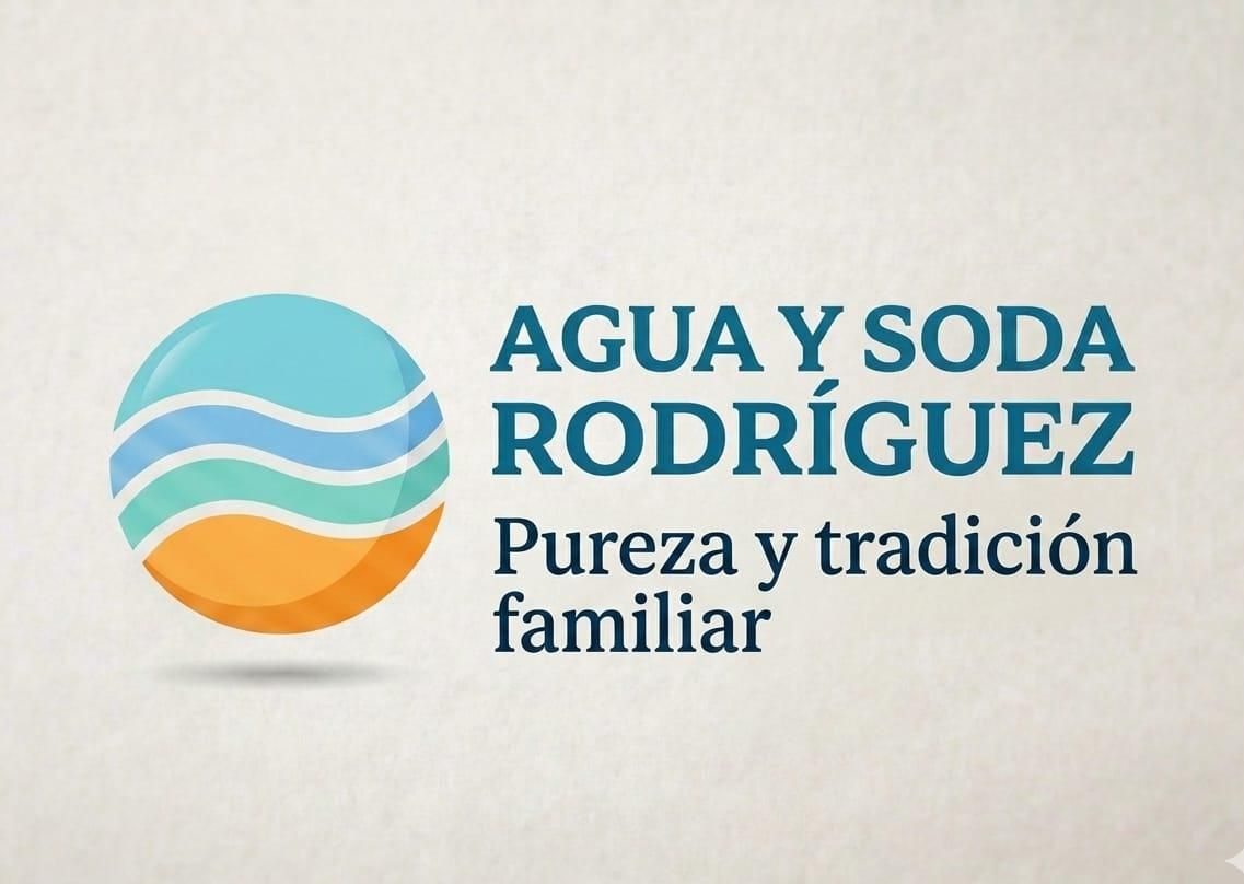 Logo de Agua y Soda Rodríguez con círculo azul y naranja; texto “Pureza y tradición familiar”.