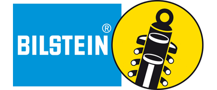 BILSTEIN logo with blue wordmark and yellow circle showing a black shock absorber