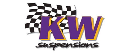 KW Suspensions logo with purple K and W over a black-and-white checkered flag background