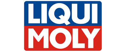 LIQUI MOLY logo in white on blue and red backgroundSilver and neon yellow sports car with oversized rear wing parked beside a white wall. | Pacific German