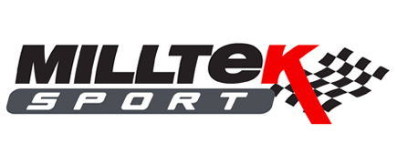 Milltek Sport logo with black and red text and a checkered flag graphic