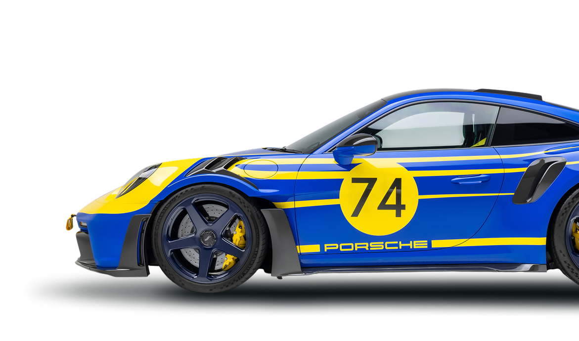Blue Porsche race car with yellow accents and number 74, side view on white background | Pacific German