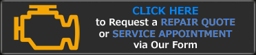 Yellow check-engine icon with “Click here to request repair quote or service appointment” text on dark backgroundSilver and neon yellow sports car with oversized rear wing parked beside a white wall. | Pacific German