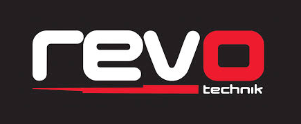 Revo Technik logo in white and red on a dark background