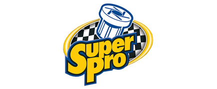 Super Pro logo with yellow text on a blue oval and black-and-white checkered background