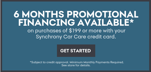 Blue promotional banner offering 6 months financing on purchases over $199 with a “Get Started” button.Silver and neon yellow sports car with oversized rear wing parked beside a white wall. | Pacific German