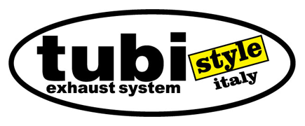 Tubi Style Italy exhaust system logo in black, white, and yellow oval designSilver and neon yellow sports car with oversized rear wing parked beside a white wall. | Pacific German