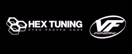 Hex Tuning and VF Engineering logos on a black background.Silver and neon yellow sports car with oversized rear wing parked beside a white wall. | Pacific German