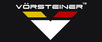 VÖRSTEINER logo with yellow and red accents above a white inverted triangle on a dark backgroundSilver and neon yellow sports car with oversized rear wing parked beside a white wall. | Pacific German