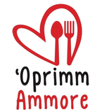 Cuore rosso con cucchiaio e forchetta sopra la scritta “Oprimm Ammore” in nero e rosso.